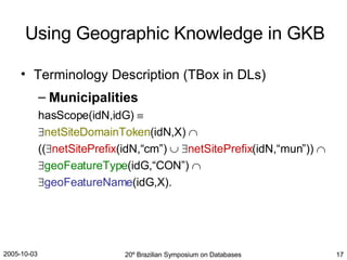 Terminology Description (TBox in DLs) Municipalities hasScope(idN,idG)      netSiteDomainToken (idN,X)   ((  netSitePrefix (idN,“cm”)      netSitePrefix (idN,“mun”))    geoFeatureType (idG,“CON”)    geoFeatureName (idG,X). Using Geographic Knowledge in GKB 