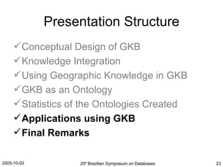 Presentation Structure Conceptual Design of GKB Knowledge Integration Using Geographic Knowledge in GKB GKB as an Ontology Statistics of the Ontologies Created Applications using GKB Final Remarks 