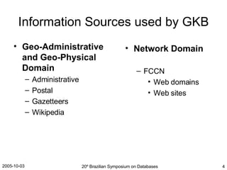 Information Sources used by GKB Geo-Administrative and Geo-Physical Domain Administrative Postal Gazetteers Wikipedia Network Domain FCCN  Web domains Web sites 