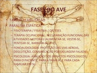 FASES DO AVE TARDIA: REABILITAÇÃO PARALISIA ESPÁTICA  FISIOTERAPIA / FISIATRIA / ORTESES TERAPIA OCUPACIONAL: RECUPARAÇÃO FUNCIONAL DAS ATIVIDADES MOTORAS (ALIMENTAR-SE, VESTIR-SE, PENTEAR-SE, BARBEAR-SE, ETC) FONOAUDIOLOGIA: PROTEÇÃO DAS VIAS AÉREAS, DEGLUTIÇÃO, COMUNICAÇÃO POR LIGUAGEM FALADA PSICOLOGIA: AVALIÇÃO DOS IMPACTOS PSICOLOGICOS PARA O PACIENTE, PARA A FAMÍLIA, E PARA CADA FAMILIAR EM SI. 
