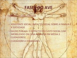 FASES DO AVE TARDIA: REABILITAÇÃO ASSISTENTE SOCIAL: IMPACTO SOCIAL SOBRE A FAMILIA E A SOCIEDADE  SAÚDE PÚBLICA: O IMPACTO DO CUSTO SOCIAL (UM IMOBILIZADO EM CASA MOBILIZA EM MÉDIA 3 CUIDADORES) CUIDADORES E FAMILIARES. 