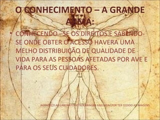 O CONHECIMENTO – A GRANDE ARMA: CONHECENDO –SE OS DIREITOS E SABENDO-SE ONDE OBTER O ACESSO HAVERA UMA MELHO DISTRIBUIÇÃO DE QUALIDADE DE VIDA PARA AS PESSOAS AFETADAS POR AVE E PARA OS SEUS CUIDADORES. AGRADEÇO AO LABORATÓRIO BOEHRINGER ILGELHEIM POR TER CEDIDO AS IMAGENS. 