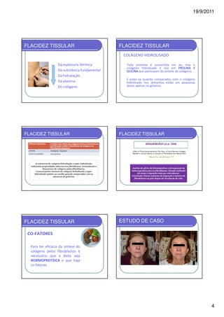 19/9/2011




FLACIDEZ TISSULAR                              FLACIDEZ TISSULAR
                                                COLÁGENO HIDROLISADO

                   Da espessura dérmica          Toda proteína é convertida em aa, mas o
                                                 colágeno hidrolisado é rico em PROLINA E
                   Da substância fundamental     GLICINA que participam da síntese do colágeno.
                   Da hidratação
                                                 E estes aa quando comparados com o colágeno
                   Da elastina                   hidrolisado nos alimentos estão em pequenas
                   Do colágeno                   doses apenas na gelatina.




FLACIDEZ TISSULAR                              FLACIDEZ TISSULAR




FLACIDEZ TISSULAR                              ESTUDO DE CASO

 CO-FATORES

  Para ter eficácia da síntese do
  colágeno pelos fibroblastos é
  necessário que a dieta seja
  NORMOPROTÉICA e que haja
  co-fatores.




                                                                                                    4
 