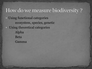  Using functional categories
ecosystem, species, genetic
 Using theoretical categories
Alpha
Beta
Gamma
 