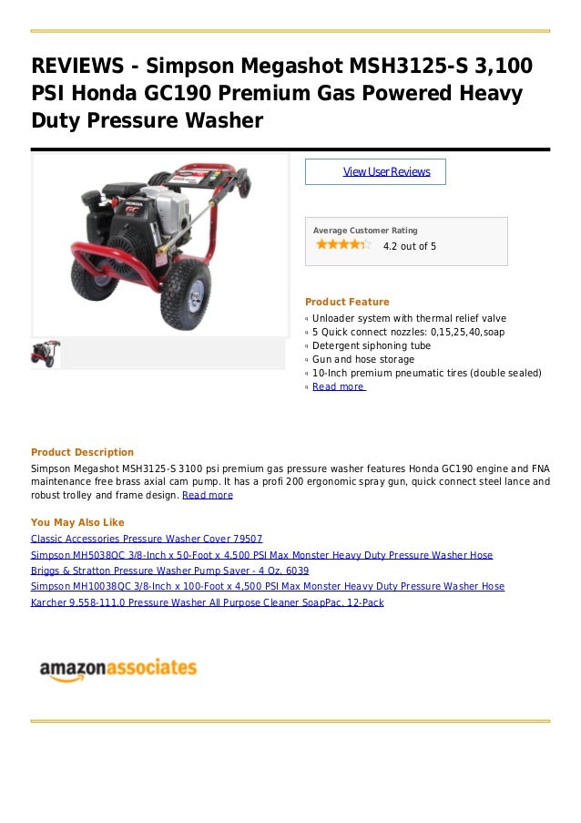 Simpson megashot msh3125 s 3,100 psi honda gc190 premium gas powered