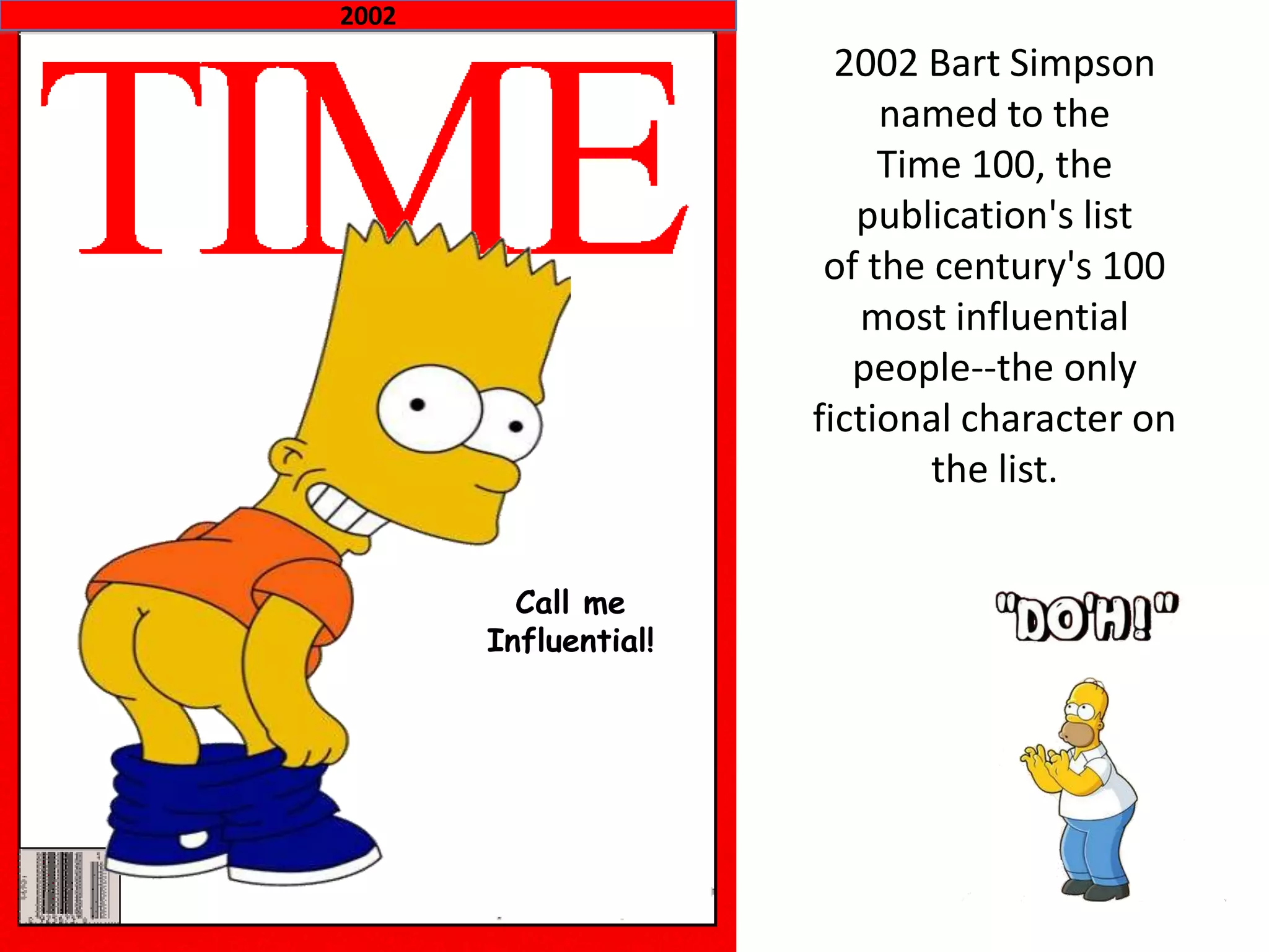 Call me
Influential!
2002
2002 Bart Simpson
named to the
Time 100, the
publication's list
of the century's 100
most influential
people--the only
fictional character on
the list.
 