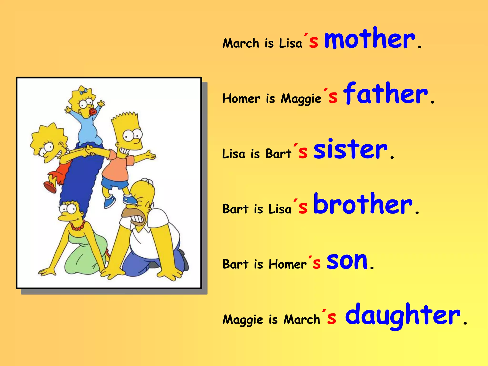 March is Lisa´s mother.
Homer is Maggie´s father.
Lisa is Bart´s sister.
Bart is Lisa´s brother.
Bart is Homer´s son.
Maggie is March´s daughter.