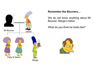 Remember the Bouviers… We do not know anything about Mr Bouvier, Marge’s father. What do you think he looks like? Jackie Mr Bouvier Patty & Selma Marge 