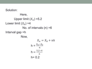 Solution:
Here,
Upper limit (𝑋 𝑛) =5.2
Lower limit (𝑋0) =4
No. of intervals (n) =6
Interval gap =h
Now,
𝑋 𝑛 = 𝑋0 + 𝑛ℎ
h =
𝑋 𝑛−𝑋0
𝑛
h =
5.2−4
6
h= 0.2
 