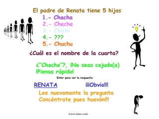 www.nano.com
El padre de Renata tiene 5 hijas
1.- Chacha
2.- Cheche
3.- Chichi
4.- ???
5.- Chuchu
¿Cuál es el nombre de la cuarta?
¿“Chocho”?, ¡No seas cojudo(a)
!Piensa rápido!
Enter para ver la respuesta
RENATA ¡¡¡Obvio!!!
Lee nuevamente la pregunta
Concéntrate pues huevón!!!
 