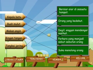 Kepala batu Buah mulut Makan angin Ringan tangan Tangkai jering Bersiar-siar di sesuatu tempat.  Orang yang kedekut.  Degil; enggan mendengar nasihat.  Suka menolong orang  Perkara yang menjadi sebut-sebutan orang  LAMAN UTAMA KELUAR KEMBALI TERUSKAN 
