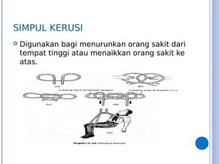 SIMPUL KERUSI
 Digunakan bagi menurunkan orang sakit dari
tempat tinggi atau menaikkan orang sakit ke
atas.
 