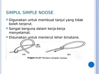 SIMPUL SIMPLE NOOSE
 Digunakan untuk membuat tanjul yang tidak
boleh terjerut.
 Sangat berguna dalam kerja-kerja
menyelamat.
 Digunakan untuk menjerut leher binatang.
 