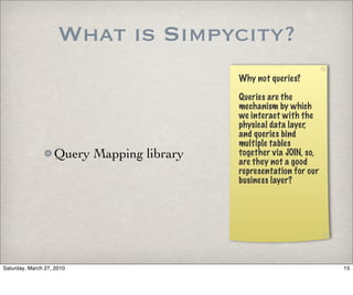 What is Simpycity?
                                           Why not queries?

                                           Queries are the
                                           mechanism by which
                                           we interact with the
                                           physical data layer,
                                           and queries bind
                                           multiple tables
                   Query Mapping library   together via JOIN, so,
                                           are they not a good
                                           representation for our
                                           business layer?




Saturday, March 27, 2010                                            15
 