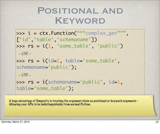 Positional and
                             Keyword
            >>> i = ctx.Function(“““complex_get”””,
            [‘id’,‘table’,‘schemaname’])
            >>> rs = i(1, ‘some_table’, ‘public’)
              - OR -
            >>> rs = i(id=1, table=‘some_table’,
            schemaname=‘public’);
              - OR -
            >>> rs = i(schemaname=‘public’, id=1,
            table=‘some_table’);

      A huge advantage of Simpycity is treating the argument chain as positional or keyword arguments -
      Allowing your APIs to be indistinguishable from normal Python.




Saturday, March 27, 2010                                                                                  23
 