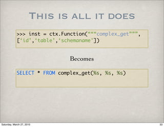 This is all it does
            >>> inst = ctx.Function(“““complex_get”””,
            [‘id’,‘table’,‘schemaname’])


                              Becomes

            SELECT * FROM complex_get(%s, %s, %s)




Saturday, March 27, 2010                                 33
 