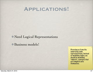 Applications!


                   Need Logical Representations

                   Business models!
                                                  Divorcing us from the
                                                  underlying table
                                                  representations. Instead
                                                  of modelling tables, we
                                                  should be modelling
                                                  *objects*, concepts that
                                                  are complete unto
                                                  themselves.


Saturday, March 27, 2010                                                     37
 