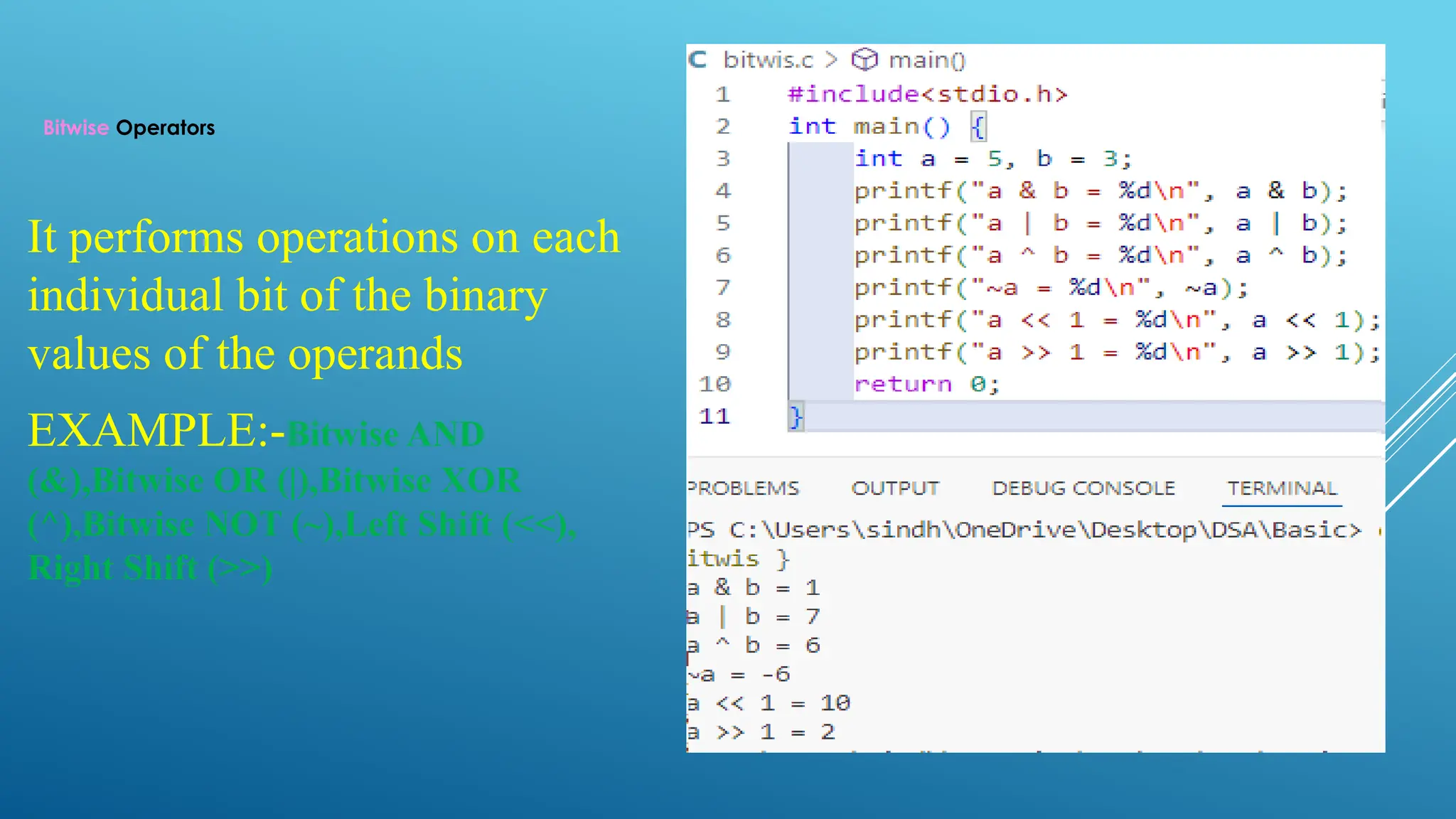 Bitwise Operators It performs operations on each individual bit of the binary values of the operands EXAMPLE:-Bitwise AND (&),Bitwise OR (|),Bitwise XOR (^),Bitwise NOT (~),Left Shift (<<), Right Shift (>>) 