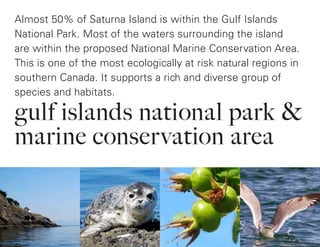 gulf islands national park &
marine conservation area
Almost 50% of Saturna Island is within the Gulf Islands
National Park. Most of the waters surrounding the island
are within the proposed National Marine Conservation Area.
This is one of the most ecologically at risk natural regions in
southern Canada. It supports a rich and diverse group of
species and habitats.
 