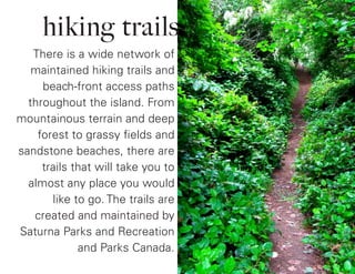 There is a wide network of
maintained hiking trails and
beach-front access paths
throughout the island. From
mountainous terrain and deep
forest to grassy fields and
sandstone beaches, there are
trails that will take you to
almost any place you would
like to go. The trails are
created and maintained by
Saturna Parks and Recreation
and Parks Canada.
hiking trails
 