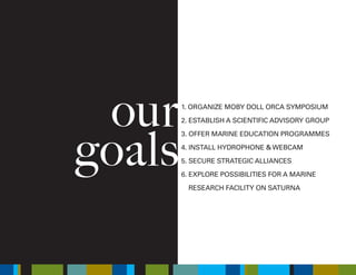 our
goals
1. ORGANIZE MOBY DOLL ORCA SYMPOSIUM
2. ESTABLISH A SCIENTIFIC ADVISORY GROUP
3. OFFER MARINE EDUCATION PROGRAMMES
4. INSTALL HYDROPHONE & WEBCAM
5. SECURE STRATEGIC ALLIANCES
6. EXPLORE POSSIBILITIES FOR A MARINE
RESEARCH FACILITY ON SATURNA
 
