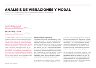 Página 16. Simro Consulting
MANTENIMIENTO PREDICTIVO
Consiste en monitorear una máquina con la tec-
nología apropiada a intervalos apropiados para
detectar un problema antes que produzca un
fallo. La base de esta técnica es que los síntomas
que presenta un fallo pueden ser medidos antes
que se dé un paro de la máquina. En el momen-
to en que estos síntomas aparecen, se hace una
intervención de mantenimiento correctivo antes
que la magnitud del problema aumente a niveles
de riesgos. Las máquinas no fallarán de forma
inesperada, por lo tanto los repuestos pueden
ser solicitados solo cuando sea necesario.
Es bastante caro y difícil monitorear cada má-
quina ya que se requiere la compra de un equi-
po, formar al personal e implementar el plan de
mantenimiento predictivo. Igualmente, no todas
las máquinas mostrarán un patrón característico
de síntomas. Con lo que previamente se debe
conocer las máquinas críticas susceptibles de
generar impacto relevante en costes si no se
utiliza la técnica de mantenimiento predictivo,
serán en estas máquinas que se aplicará.
Los beneficios de monitorear el estado de la ma-
quinaria rotativa son reducción de los tiempos
de paradas, cambio de elementos en lugar de
toda la máquina, aumento de seguridad, reduc-
ción de repuestos en stock, mayor dedicación
del personal de planta y/o de mantenimiento a
planificación, innovación y estrategia.
En SIMRO CONSULTING realizamos diagnósticos
por análisis de vibraciones programados perió-
dicamente teniendo mantenimiento predictivo.
Con ello podrá controlar de forma constante la
operación de las máquinas y su estado. También
realizamos diagnósticos avanzados de análisis
modal, con los que se pueden conocer las fre-
cuencias propias de aquellos elementos de la
máquina que, por configuración o modificación
están cercanas a frecuencias de movimiento, con
lo que aparecen excitaciones o vibraciones exce-
sivas no producidas por fallos habituales, origen
de costes innecesarios para su empresa.
ANÁLISIS DE VIBRACIONES Y MODAL
SIMRO CONSULTING está especializada en asesoramiento y diagnosis de las áreas de
mantenimiento fiabilidad y gestión de activos.
IMPLICACIÓN DEL CLIENTE
IMPLICACIÓN DEL CLIENTE
Días
Opex
Semana/s
Capex
Mes/es
Estratégico
 