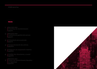 ÍNDICE:
1
2
3
4
5
6
SIMRO consulting
Consultoría activa
Coaching de mantenimiento
pag.4-5
Consultoría activa
Auditoría de gestión de activos
pag.6-7
Consultaría personalizada
pag.8-9
Cursos formación de activos
pag.10-13
Diagnosis de maquinaria rotativa
pag.14-15
Análisis de vibraciones y modal
pag.16-17
Consultoría activa
Planes de Mantenimiento Basados
en fiabilidad
pag.18-19
7
 