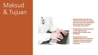 Maksud
& Tujuan
o Mengumpulkan data dari tiap
Puskesmas baik data orang sakit,
bayi lahir, ibu hamil, ketersediaan
obat, penyuluhan kesehatan
masyarakat, dan lain-lain
o Menghasilkan informasi yang up
to date sbg data awal
pengambilan kebijakan bagi
PIMPINAN
o Membantu kelancaran
ADMINISTRASI dan manajemen
Puskesmas dalam penyusunan
LAPORAN mengenai Kondisi
Puskesmas
 