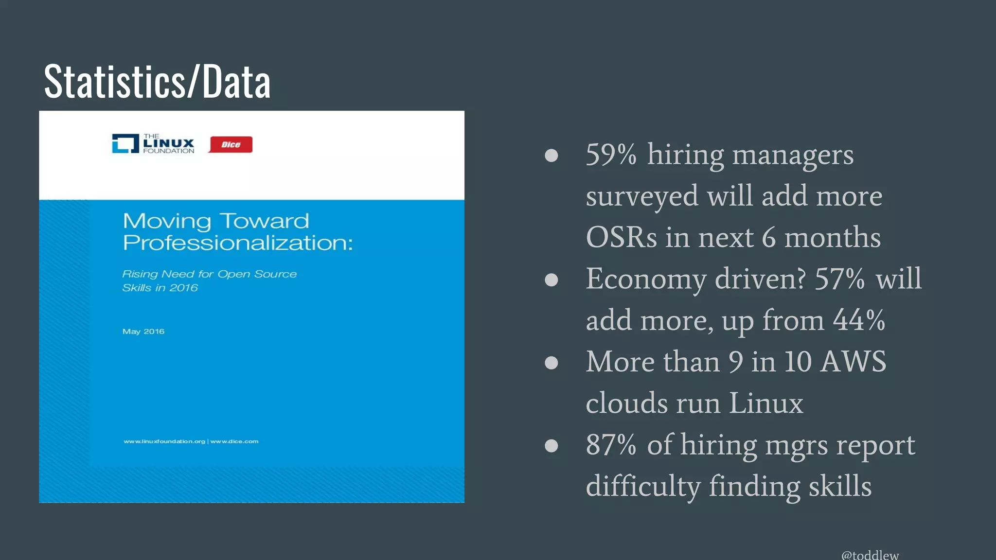 Statistics/Data
● 59% hiring managers
surveyed will add more
OSRs in next 6 months
● Economy driven? 57% will
add more, up from 44%
● More than 9 in 10 AWS
clouds run Linux
● 87% of hiring mgrs report
difficulty finding skills
 