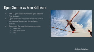 Open Source vs Free Software
● 1998 - Open source movement spun off from
Free Software
● Open source has less strict standards - not all
open source licenses are free software
licenses
● Balance on the areas that concern creators
○ Open core
○ Free open source
○ Etc.
@OpenDataAlex
 