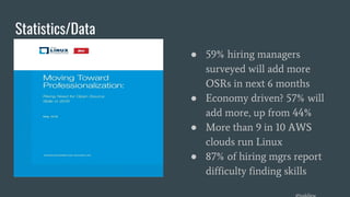 Statistics/Data
● 59% hiring managers
surveyed will add more
OSRs in next 6 months
● Economy driven? 57% will
add more, up from 44%
● More than 9 in 10 AWS
clouds run Linux
● 87% of hiring mgrs report
difficulty finding skills
 