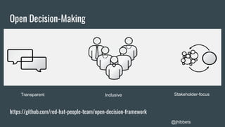 https://github.com/red-hat-people-team/open-decision-framework
Open Decision-Making
@jhibbets
Transparent Inclusive Stakeholder-focus
 