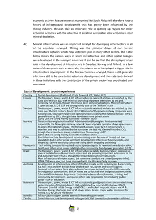economic activity. Mature minerals economies like South Africa will therefore have a
history of infrastructural  development  that has greatly been influenced  by the
mining industry. This can play an important role in opening up regions for other
economic activities with the objective of creating sustainable local economies, post
mineral depletion.
47) Mineral infrastructure was an important catalyst for developing other sectors in all
of   the   countries   surveyed.   Mining   was   the   principal   driver   of   our   current
infrastructure network which now underpins jobs in many other sectors. The Table
below shows the various ways in which infrastructure and other spatial linkages
were developed in the surveyed countries. It can be see that the state played a key
role in the development of infrastructure in Sweden, Norway and Finland. In a few
successful exceptions such as Australia, the private sector has played a bigger role in
infrastructure development. In the African countries surveyed, there is still generally
a lot more still to be done in infrastructure development and the state tends to lead
in these initiatives with the contribution of the private sector less coordinated and
consistent. 
 Spatial Development: country experiences
Country Spatial development (Rail/road, Ports, Power & ICT, Water, LED)
Finland The transport, power, water & ICT infrastructure is excellent and was established by the
state over the last 50y, with minerals providing important extensions to the grid.
Generally run by SOEs, though there have been some privatisations. Most infrastructure
is open access. LED & CSR are strong mainly due to the “welfare” state
Sweden The transport, power, water & ICT infrastructure is excellent and was established by the
state over the last century. From 1939‐1948 most of the private railway companies were
Nationalised, today several private operators have access to the national railway. Infra is
generally run by SOEs, though there have been some privatisations
LED & CSR are strong mainly due to the “welfare” state
Norway The state Norwegian National Rail Administration (Norwegian: Jernbaneverket)
responsible the Norwegian railway network. Several private operators have agreements
to access the national railway. The transport, power, water & ICT infrastructure is
excellent and was established by the state over the last 50y. Generally run by SOEs,
though there have been some privatisations. State energy ‐ HEP 
LED & CSR are strong mainly due to the “welfare” state
Chile Poor infrastructure development in some mining areas because of desert and low
population but in other areas significant development in terms of housing, ports, and
electricity. Severe electricity constraint‐ rising tariffs impacting on mining
Venezuela  Each mining company is required to pay a percentage of its revenue towards education,
health and other social issues relating to the community. Good power generation (HEP)
Brazil The transport, power, water & ICT infrastructure is patchy but minerals are opening up
several isolated areas (Asian boom prices) and are providing important extensions to the
grid. Generally run by SOEs, though there have been some privatisations.
Most infrastructure is open access, but some ore corridors are closed (company infra).
LED & CSR were poor, but have improved with the Workers Party in power
Australia Development of infrastructure often left to the private sector including rail & electricity.
E.g. Rio Tinto and BHP Billiton have created own rail, power and water supplies. 
Regional Infrastructure Fund planned out of revenues derived from the RRT, especially
for indigenous communities. 60% of mines are co‐located with indigenous communities.
Substantial involvement by private companies in terms of employment, training, and
community development – companies often take responsible for producing ‘public
goods’ such as education.
Botswana The transport, power, water & ICT infrastructure is good (population concentrated along
eastern border of Kalahari desert). Rail established by minerals (Zimbabwe‐ BSAC).
Transport (road & rail) & Energy state (SOEs). Landlocked‐ no ports. Access via SA &
Namibia. Energy shortages due to SA power crisis. Desert‐ major water constraint for
mining. LED & CSR are moderate
Namibia Infrastructure support comes essentially from the government
Zambia Some infrastructure development in Copperbelt. Rail connections to coast established
23
 
