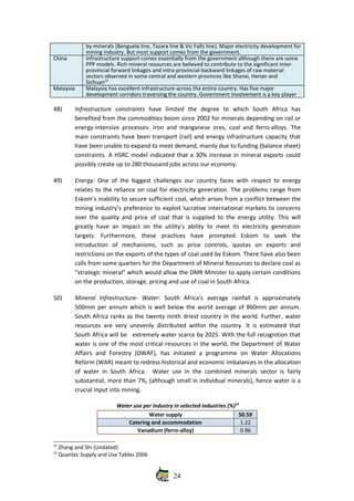 by minerals (Benguela line, Tazara line & Vic Falls line). Major electricity development for
mining industry. But most support comes from the government.
China Infrastructure support comes essentially from the government although there are some
PPP models. Rich mineral resources are believed to contribute to the significant inter‐
provincial forward linkages and intra‐provincial backward linkages of raw material
sectors observed in some central and western provinces like Shanxi, Henan and
Sichuan22
Malaysia Malaysia has excellent infrastructure across the entire country. Has five major
development corridors traversing the country. Government involvement is a key player
48) Infrastructure   constraints  have   limited   the   degree   to   which   South   Africa   has
benefited from the commodities boom since 2002 for minerals depending on rail or
energy‐intensive processes: iron and manganese ores, coal and ferro‐alloys. The
main constraints have been transport (rail) and energy infrastructure capacity that
have been unable to expand to meet demand, mainly due to funding (balance sheet)
constraints. A HSRC model indicated that a 30% increase in mineral exports could
possibly create up to 280 thousand jobs across our economy.
49) Energy:  One of the biggest challenges our country faces with respect to energy
relates to the reliance on coal for electricity generation. The problems range from
Eskom’s inability to secure sufficient coal, which arises from a conflict between the
mining industry’s preference to exploit lucrative international markets to concerns
over the quality and price of coal that is supplied to the energy utility. This will
greatly have an impact on the utility’s ability to meet its electricity generation
targets.   Furthermore,   these   practices   have   prompted   Eskom   to   seek   the
introduction   of   mechanisms,   such   as   price   controls,   quotas   on   exports   and
restrictions on the exports of the types of coal used by Eskom. There have also been
calls from some quarters for the Department of Mineral Resources to declare coal as
“strategic mineral” which would allow the DMR Minister to apply certain conditions
on the production, storage, pricing and use of coal in South Africa. 
50) Mineral   Infrastructure‐   Water:   South   Africa's   average   rainfall   is   approximately
500mm per annum which is well below the world average of 860mm per annum.
South Africa ranks as the twenty ninth driest country in the world. Further, water
resources are very unevenly distributed within the country. It is estimated that
South Africa will be   extremely water scarce by 2025. With the full recognition that
water is one of the most critical resources in the world, the Department of Water
Affairs   and   Forestry   (DWAF),   has   initiated   a   programme   on   Water   Allocations
Reform (WAR) meant to redress historical and economic imbalances in the allocation
of water in South Africa.   Water use in the combined minerals sector is fairly
substantial, more than 7%, (although small in individual minerals), hence water is a
crucial input into mining.
Water use per industry in selected industries (%)23
Water supply 50.59
Catering and accommodation 1.22
Vanadium (ferro‐alloy) 0.96
22
 Zhang and Shi (Undated)
23
 Quantec Supply and Use Tables 2006
24
 