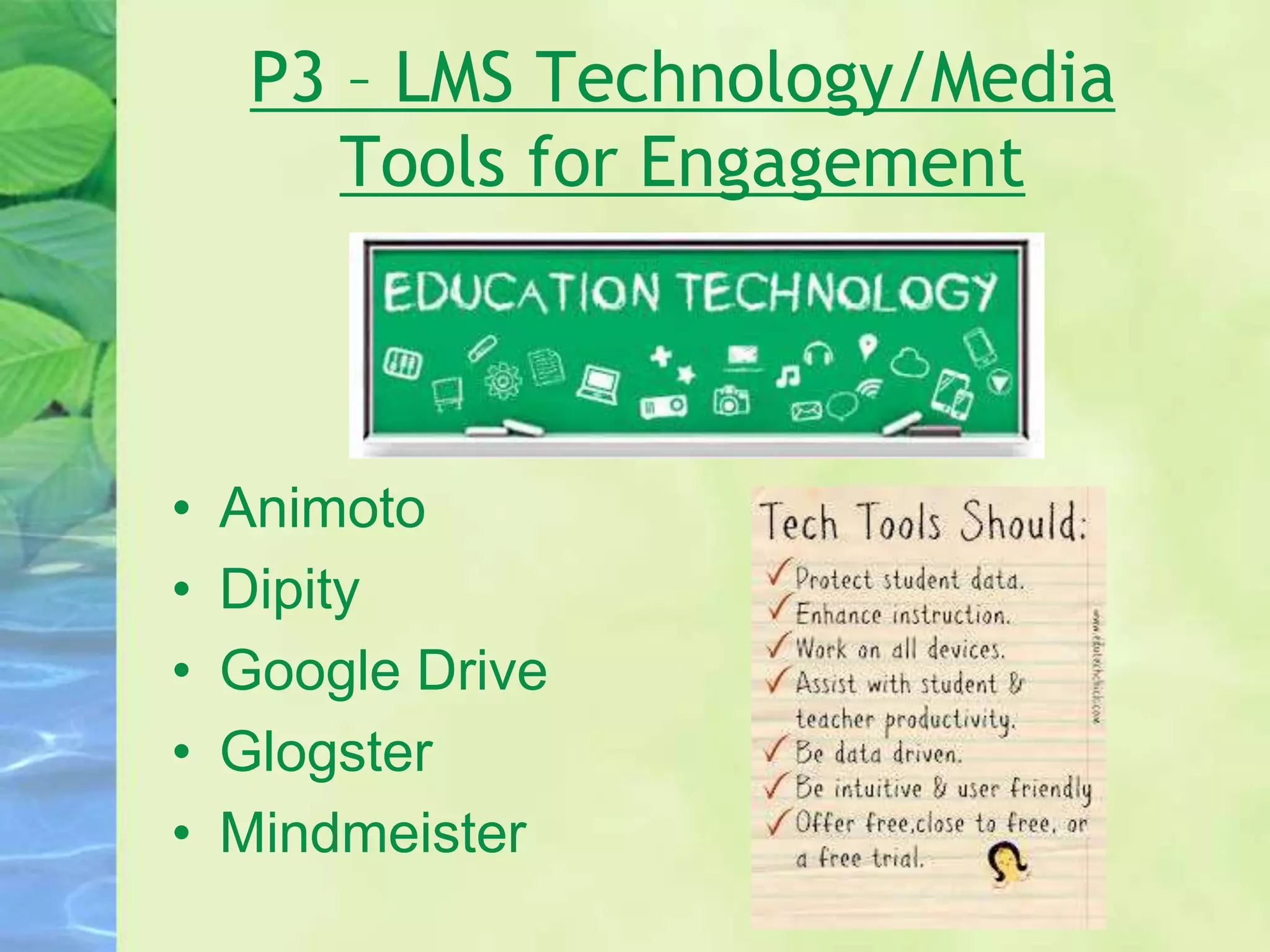 P3 – LMS Technology/Media
Tools for Engagement
• Animoto
• Dipity
• Google Drive
• Glogster
• Mindmeister
 