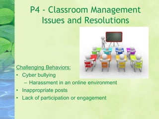 P4 - Classroom Management
Issues and Resolutions
Challenging Behaviors:
• Cyber bullying
– Harassment in an online environment
• Inappropriate posts
• Lack of participation or engagement
 
