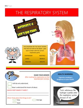 13 | P a g e
THE RESPIRATORY SYSTEM
THE DIAGRAM ON THE RIGHT SHOWS
THE PATH OF AIR IN THE BODY. Label
each number with the correct
respiratory parts.
DIAPHRAGM NOSTRILS
LUNGS BRONCH
TRACHEA MOUTH
SHADE YOUR ANSWER
After reading the explanation on the
RESPIRATORY SYSTEM,
I still do not understand.
Now I understand the lesson all about.
WHICH PART MAKES IT HARD ?
___________________________________________________
___________________________________________________
What I think about the things to do?
Easy Average
Hard
HEALTH WARNING:
Cigarette smoking is
dangerous to your health.
 