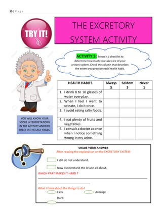15 | P a g e
HEALTH HABITS Always
5
Seldom
3
Never
1
1. I drink 8 to 10 glasses of
water everyday.
2. When I feel I want to
urinate, I do it once.
3. I avoid eating salty foods.
4. I eat plenty of fruits and
vegetables.
5. I consult a doctor at once
when I notice something
wrong in my urine.
THE EXCRETORY
SYSTEM ACTIVITY
ACTIVITY 5: Below is a checklist to
determine how much you take care of your
urinary system. Check the column that describes
the extent you practice each health habit.
YOU WILL KNOW YOUR
SCORE INTERPRETATIONS
IN THE ACTIVITY ANSWER
SHEET IN THE LAST PAGES.
SHADE YOUR ANSWER
After reading the explanation on the EXCRETORY SYSTEM
I still do not understand.
Now I understand the lesson all about.
WHICH PART MAKES IT HARD ?
_____________________________________________________________________
_________________________________
What I think about the things to do?
Easy Average
Hard
 