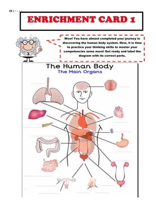 28 | P a g e
Wow! You have almost completed your journey in
discovering the human body system. Now, it is time
to practice your thinking skills to master your
competencies some more! Get ready and label the
diagram with its correct parts.
 