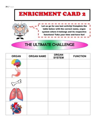 29 | P a g e
ORGAN ORGAN NAME
ORGAN
SYSTEM
FUNCTION
Let us go for one last activity! Complete the
table below with the correct name, organ
system where it belongs and its respective
functions! Take your time and have fun!
THE ULTIMATE CHALLENGE
 