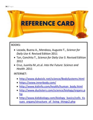 36 | P a g e
BOOKS:
 Lozada, Buena A., Mendoza, Augusto T., Science for
Daily Use 4. Revised Edition 2011
 Tan, Conchita T., Science for Daily Use 5. Revised Edition
2012
 Cruz, Juanita M.,et.al. Into the Future: Science and
Health .2011
INTERNET:
 http://www.duboislc.net/science/BodySystems.html
 https://www.innerbody.com/
 http://www.kidinfo.com/health/human_body.html
 http://www.ducksters.com/science/biology/organs.p
hp
 http://www.kidsbiology.com/biology_basics/cells_tis
sues_organs/structure_of_living_things2.php
 