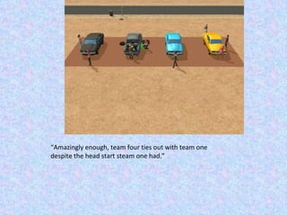 “ Amazingly enough, team four ties out with team one despite the head start steam one had.” 