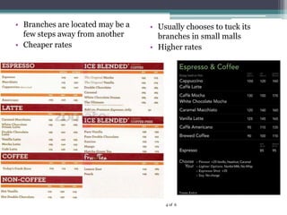 ? Branches are located may be a
few steps away from another
? Cheaper rates
? Usually chooses to tuck its
branches in small malls
? Higher rates
4 of 6
 