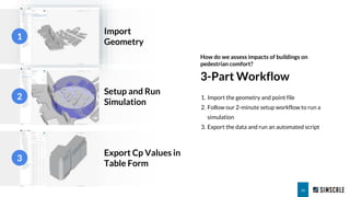 26
Import
Geometry
Setup and Run
Simulation
Export Cp Values in
Table Form
1
3-Part Workflow
1. Import the geometry and po...