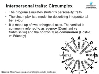 Interpersonal traits: Circumplex The program simulates student’s personality traits The circumplex is a model for describing interpersonal behaviour It is made up of two orthogonal axes. The vertical is commonly referred to as  agency  (Dominant vs Submissive) and the horizontal as  communion  (Hostile vs Friendly) Source : http://www.interpersonalcircle.com/S_circle.jpg 