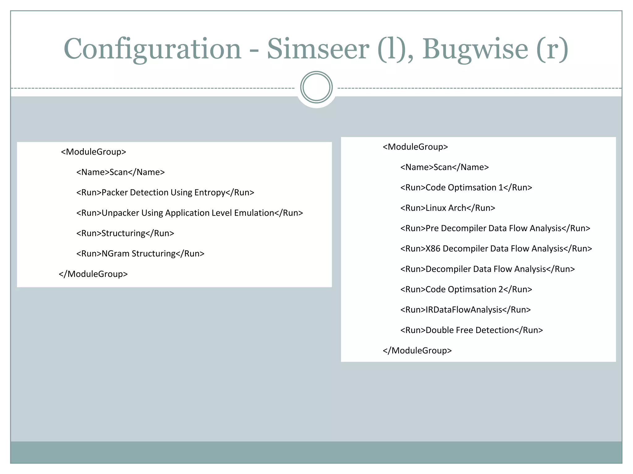 Configuration - Simseer (l), Bugwise (r)


                                                           <ModuleGroup>
<ModuleGroup>
                                                              <Name>Scan</Name>
   <Name>Scan</Name>
                                                              <Run>Code Optimsation 1</Run>
   <Run>Packer Detection Using Entropy</Run>
                                                              <Run>Linux Arch</Run>
   <Run>Unpacker Using Application Level Emulation</Run>
                                                              <Run>Pre Decompiler Data Flow Analysis</Run>
   <Run>Structuring</Run>
                                                              <Run>X86 Decompiler Data Flow Analysis</Run>
   <Run>NGram Structuring</Run>
                                                              <Run>Decompiler Data Flow Analysis</Run>
</ModuleGroup>
                                                              <Run>Code Optimsation 2</Run>

                                                              <Run>IRDataFlowAnalysis</Run>

                                                              <Run>Double Free Detection</Run>

                                                           </ModuleGroup>
 