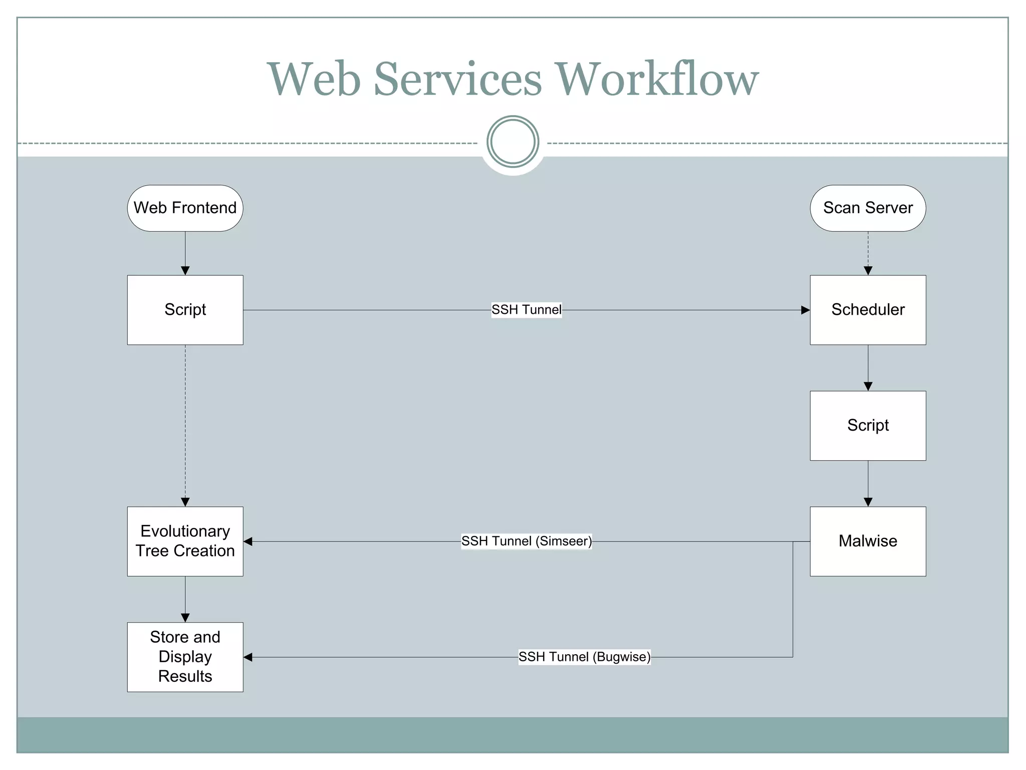 Web Services Workflow

Web Frontend                                           Scan Server




   Script                   SSH Tunnel                 Scheduler




                                                         Script




Evolutionary
                        SSH Tunnel (Simseer)            Malwise
Tree Creation




 Store and
  Display                       SSH Tunnel (Bugwise)
  Results
 