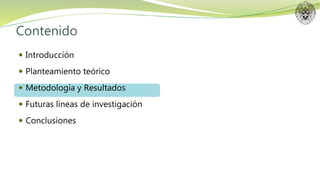 Contenido
 Introducción
 Planteamiento teórico
 Metodología y Resultados
 Futuras líneas de investigación
 Conclusiones
 