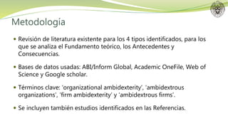 Metodología
 Revisión de literatura existente para los 4 tipos identificados, para los
que se analiza el Fundamento teórico, los Antecedentes y
Consecuencias.
 Bases de datos usadas: ABI/Inform Global, Academic OneFile, Web of
Science y Google scholar.
 Términos clave: ‘organizational ambidexterity’, ‘ambidextrous
organizations’, ‘firm ambidexterity’ y ‘ambidextrous firms’.
 Se incluyen también estudios identificados en las Referencias.
 
