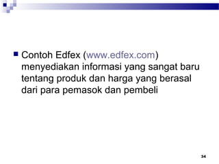 Contoh Edfex (www.edfex.com)
menyediakan informasi yang sangat baru
tentang produk dan harga yang berasal
dari para pemasok dan pembeli
34
 
